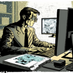 Illustratie van een ambtenaar achter een computer. De overheid heeft zijn informatiehuishouding niet op orde. © Pieter Beens