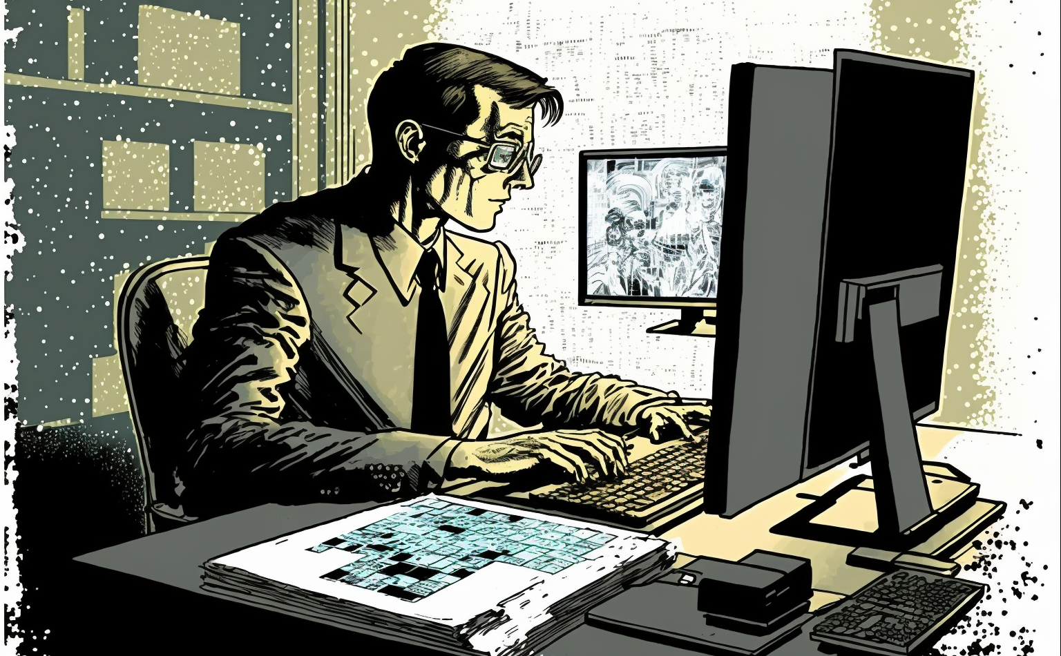 Illustratie van een ambtenaar achter een computer. De overheid heeft zijn informatiehuishouding niet op orde. © Pieter Beens