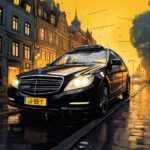 Illustratie van een Nederlandse taxi in een straat. Beeld: Pieter Beens/Midjourney