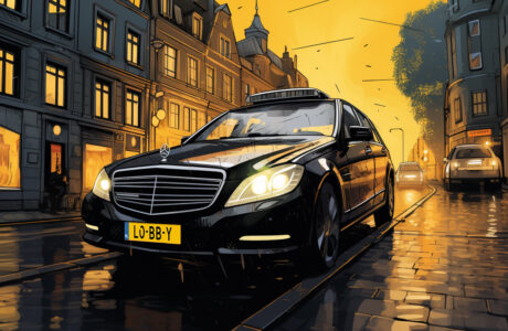 Illustratie van een Nederlandse taxi in een straat. Beeld: Pieter Beens/Midjourney
