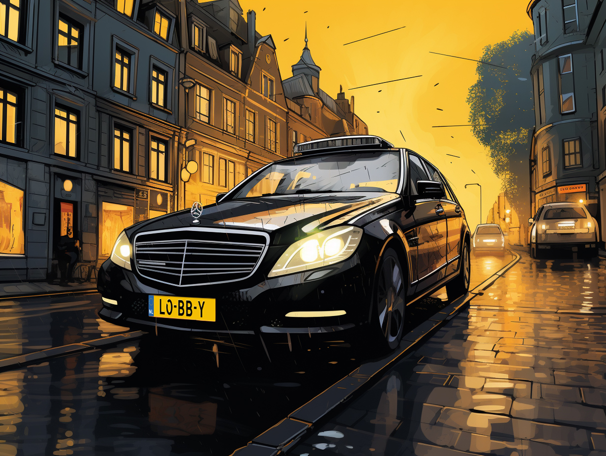 Illustratie van een Nederlandse taxi in een straat. Beeld: Pieter Beens/Midjourney