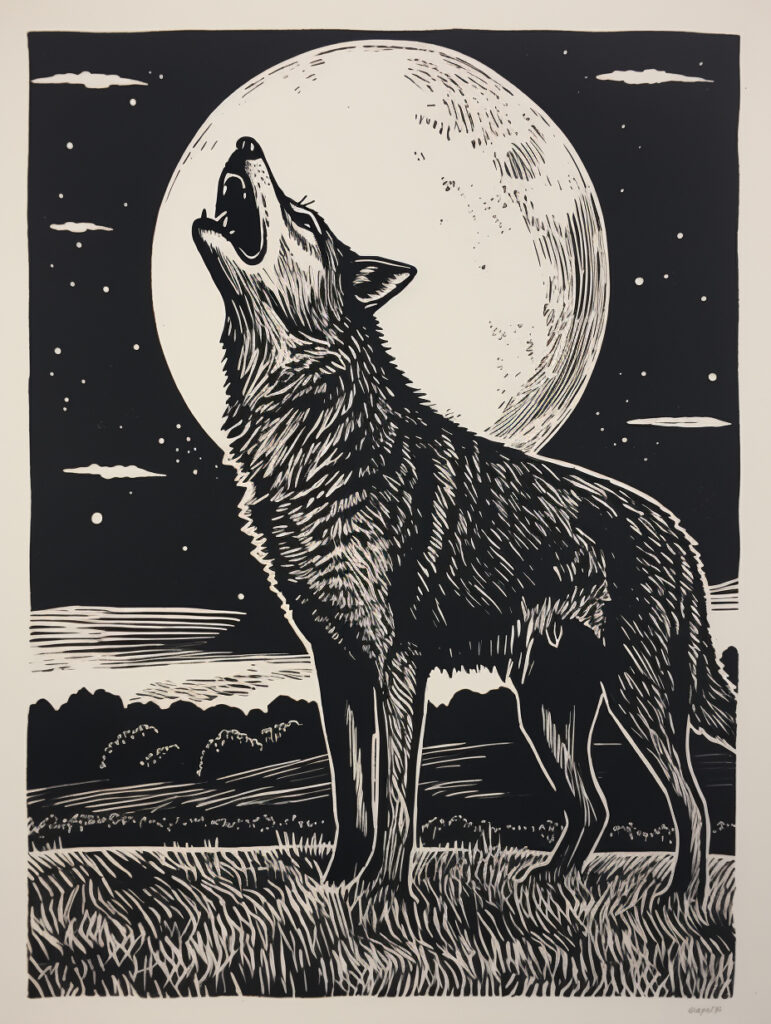 Linosnede van een huilende wolf bij volle maan. © Pieter Beens via Midjourney AI
