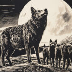 Illustratie van een alfawolf met twee wolvenjongen bij volle maan - Linosnede, gemaakt met Midjourney AI. © Pieter Beens
