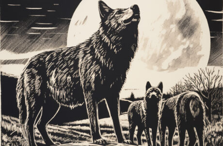 Illustratie van een alfawolf met twee wolvenjongen bij volle maan - Linosnede, gemaakt met Midjourney AI. © Pieter Beens