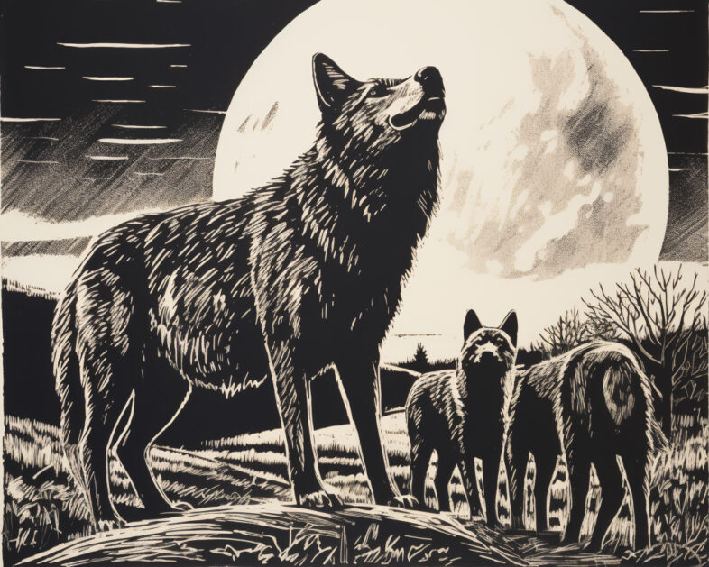 Illustratie van een alfawolf met twee wolvenjongen bij volle maan - Linosnede, gemaakt met Midjourney AI. © Pieter Beens